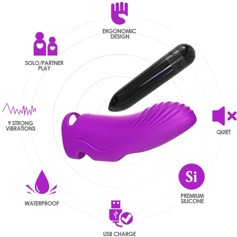 Detalle del vibrador de dedo ARMONY Aurora en fucsia con pieza negra y varios iconos de características.