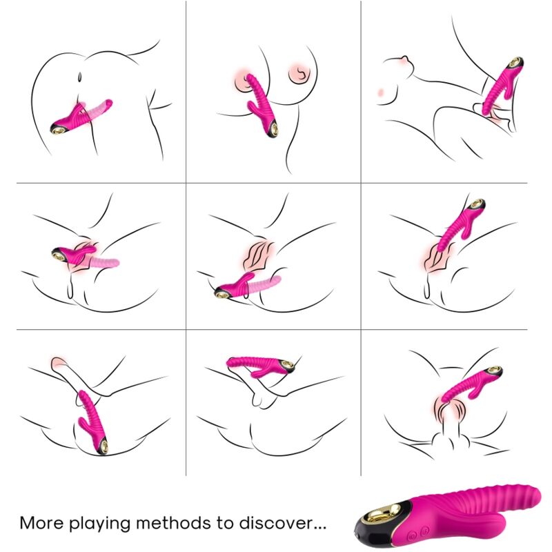 Detalle del vibrador ARMONY Eternity fucsia con varias ilustraciones de uso.