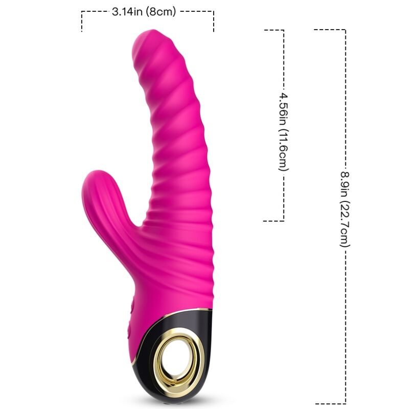 Guía de medidas del vibrador conejito ARMONY Eternity fucsia, vista lateral con dimensiones marcadas.