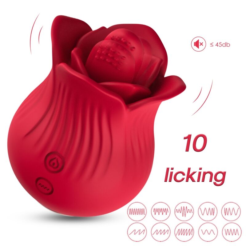 Armony Stimulators vibrador rojo con forma de rosa, vista frontal.