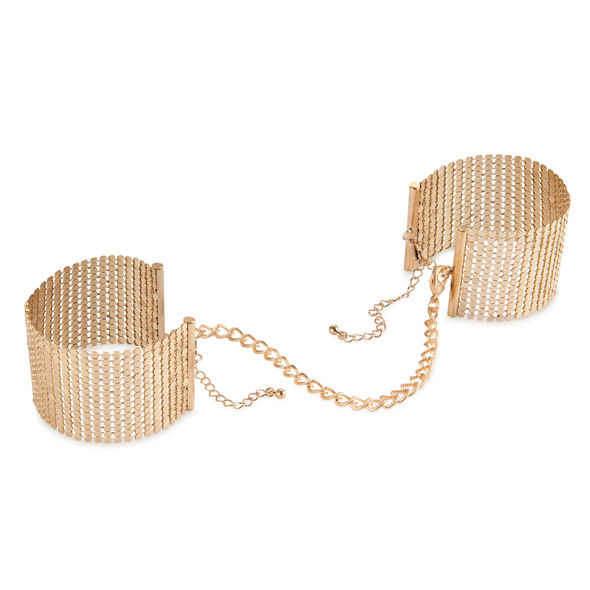 Esposas Bijoux Desire Metallique de malla metálica dorada, un par unidas por cadena.