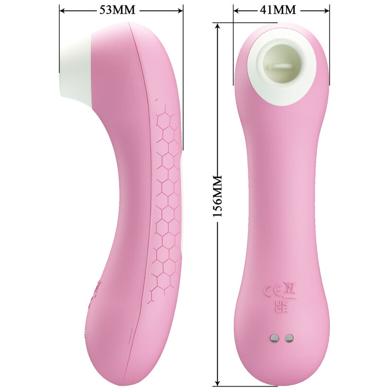 Guía de medidas del estimulador de succión clitorial ROMANCE Emerald en rosa, con vista frontal y lateral.