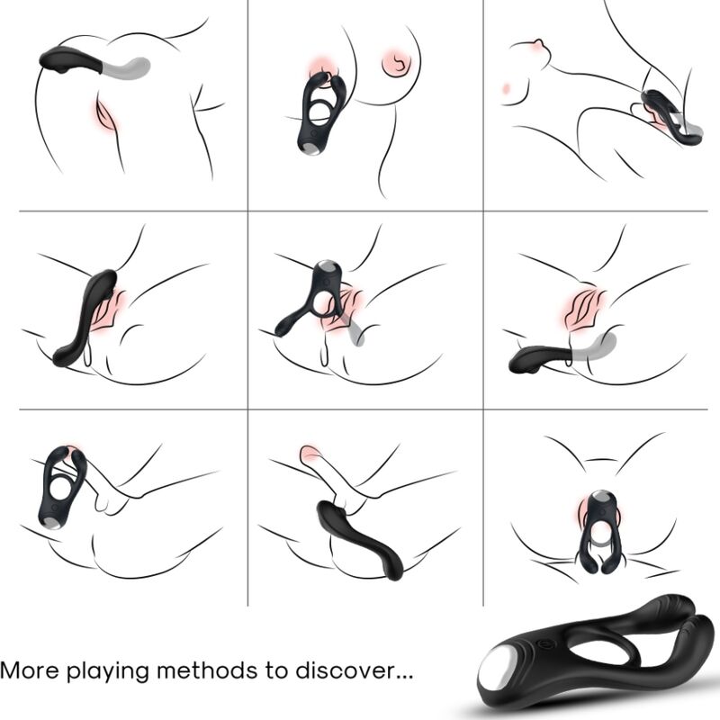 ARMONY VEYRON anillo vibrador doble negro, con varios dibujos de uso en la imagen.