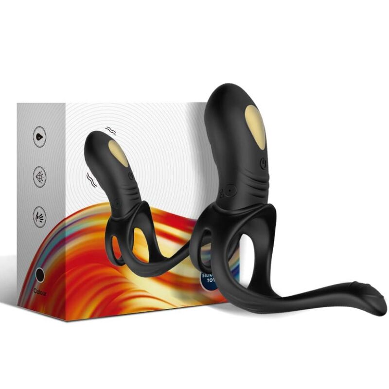 ARMONY Joy Jumper negro con anillo vibrador y plug integrado junto a su caja del producto