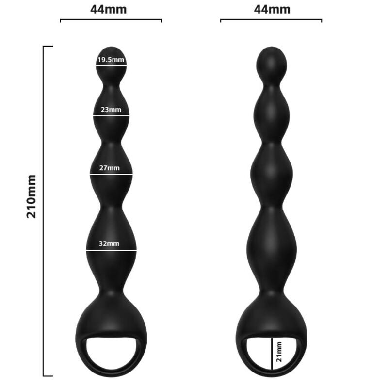 Guia de medidas del vibrador de dedo ARMONY Anal con tapón anal, en negro, con vista frontal y trasera y medidas marcadas.