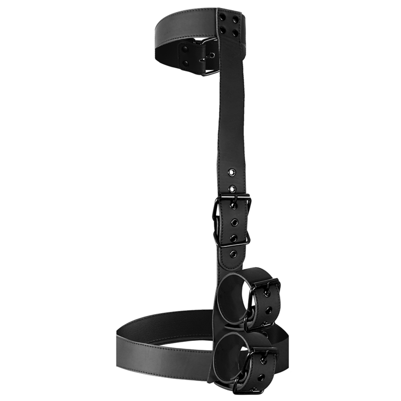 Arnés FETISH SUBMISSIVE BONDAGE negro con collar y esposas ajustables.