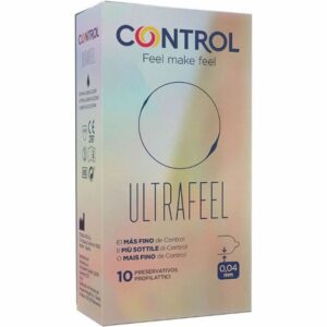 Caja del producto Control Ultrafeel, con acabado degradado pastel y formato de 10 preservativos.