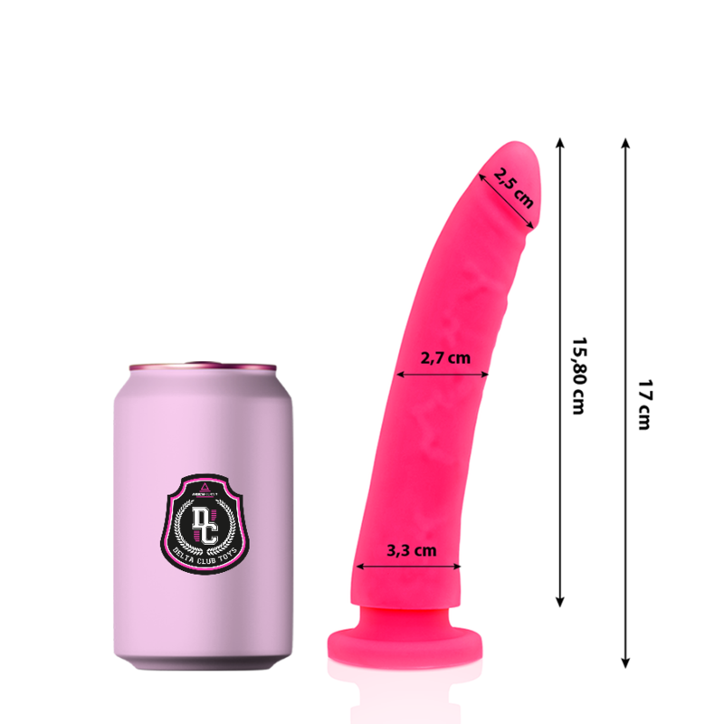 Guía de tamaño del dildo realista rosa DELTACLUB con medidas visibles y una lata de referencia