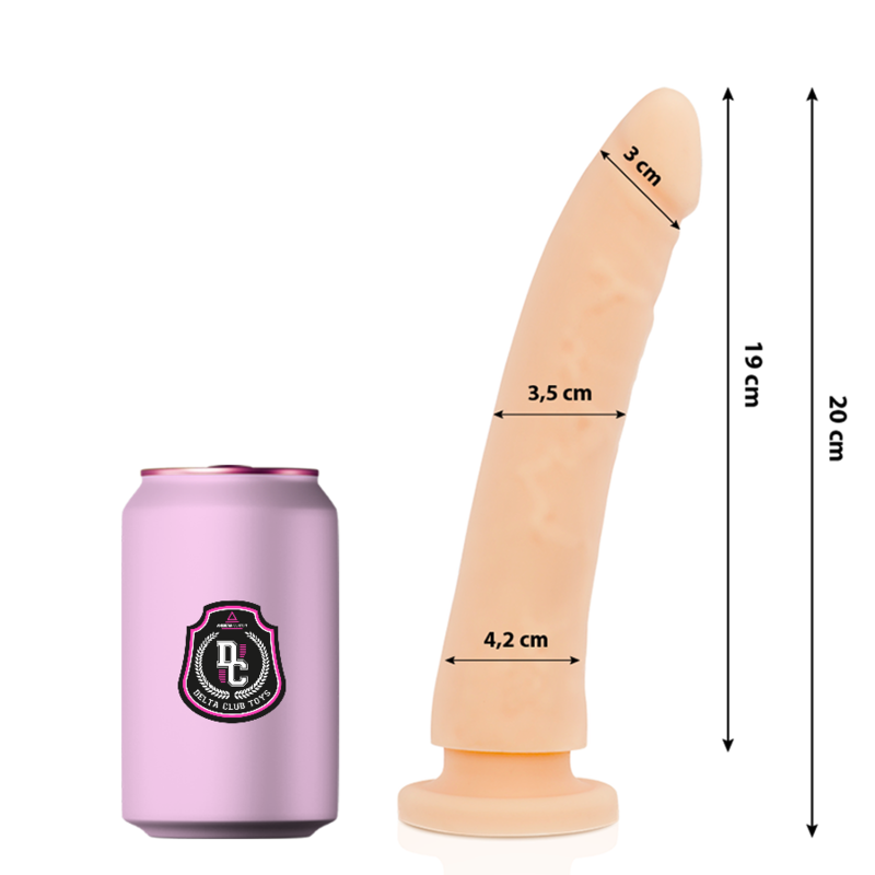 Guía de medidas del dildo realista DELTACLUB en color beige, junto a una lata rosa para escala.