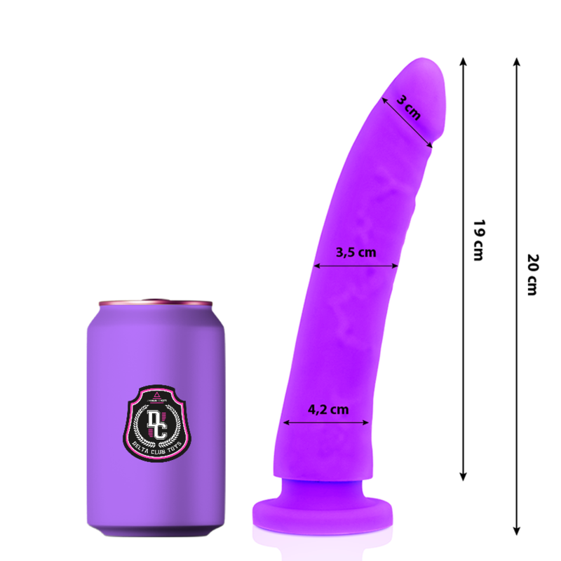 Guía de medidas de DELTACLUB para dildo morado con base cilíndrica.