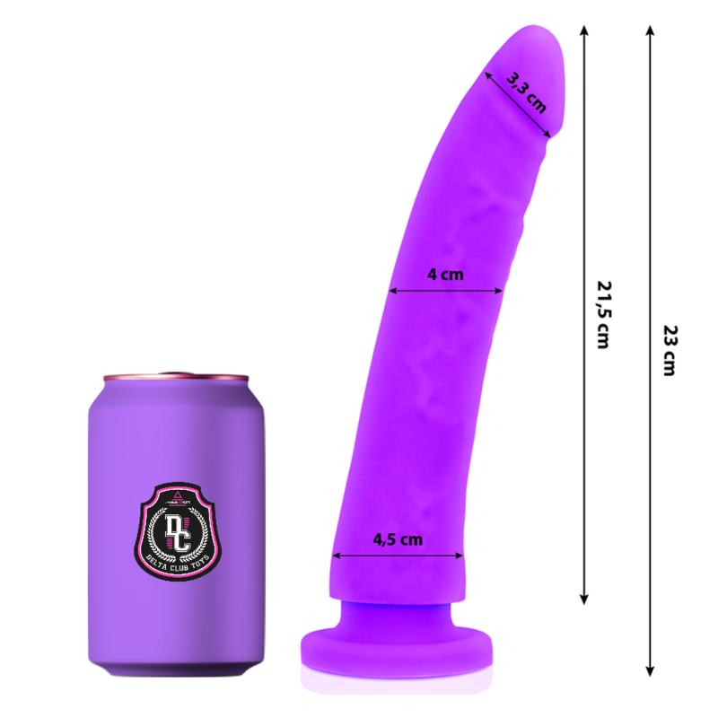 Guia de medidas del dildo morado DELTACLUB con las medidas de longitud y anchura visibles.