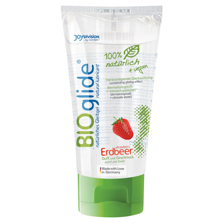Lubricante Joydivision Bioglide sabor fresa en tubo transparente con tapón verde.