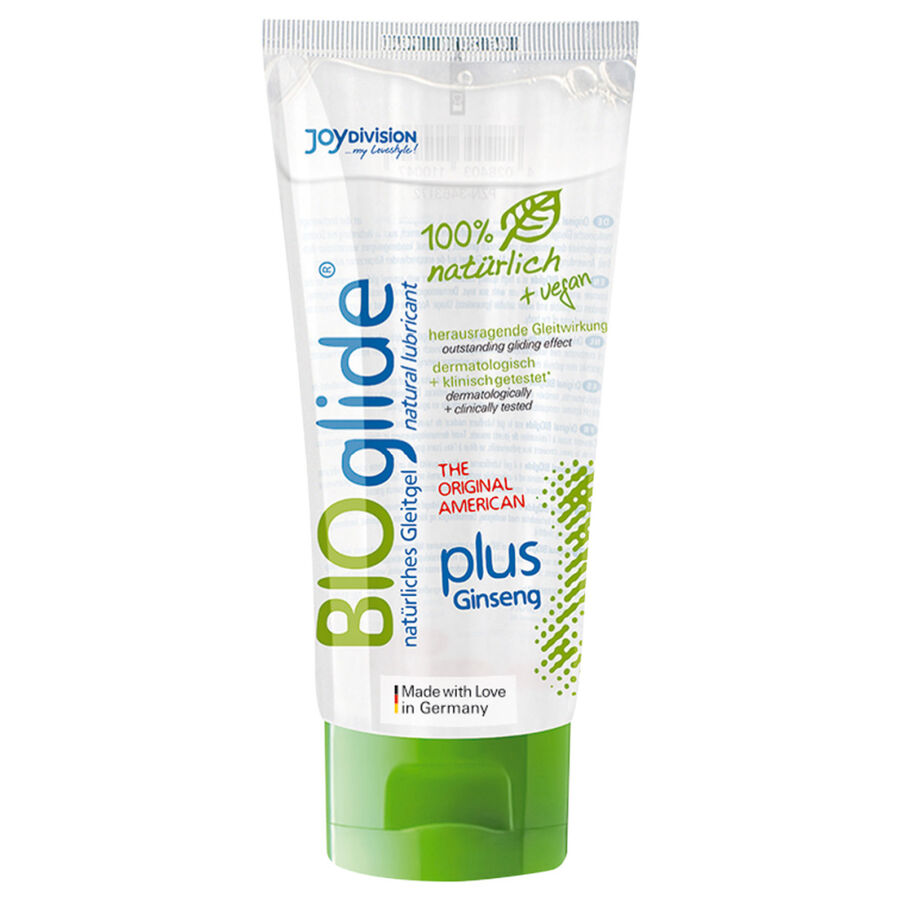 JOYDIVISION BIOglide Plus, lubricante en tubo blanco y verde con ginseng.