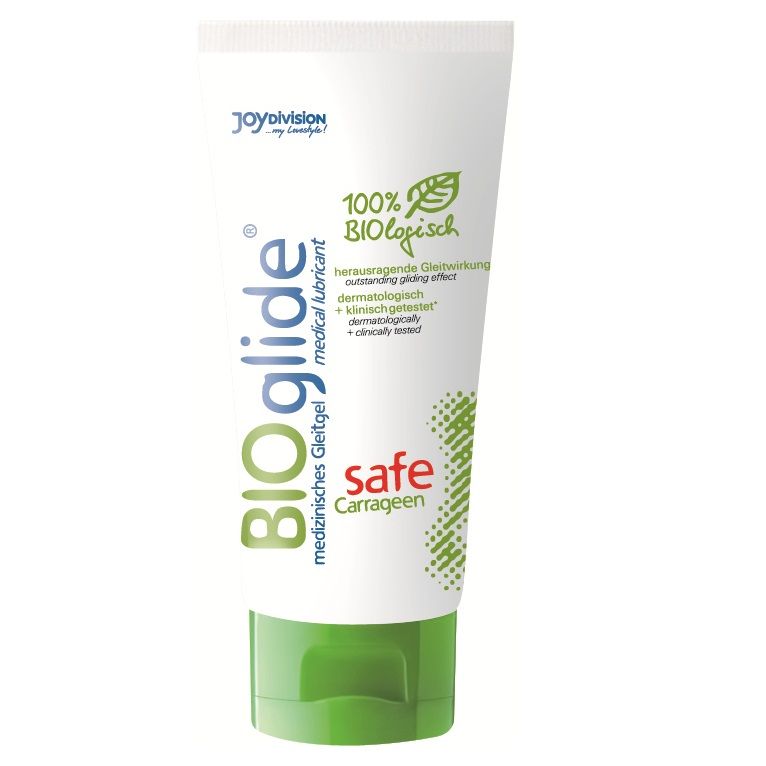 JOYDIVISION BIOglide lubricante en tubo blanco y verde, vista frontal