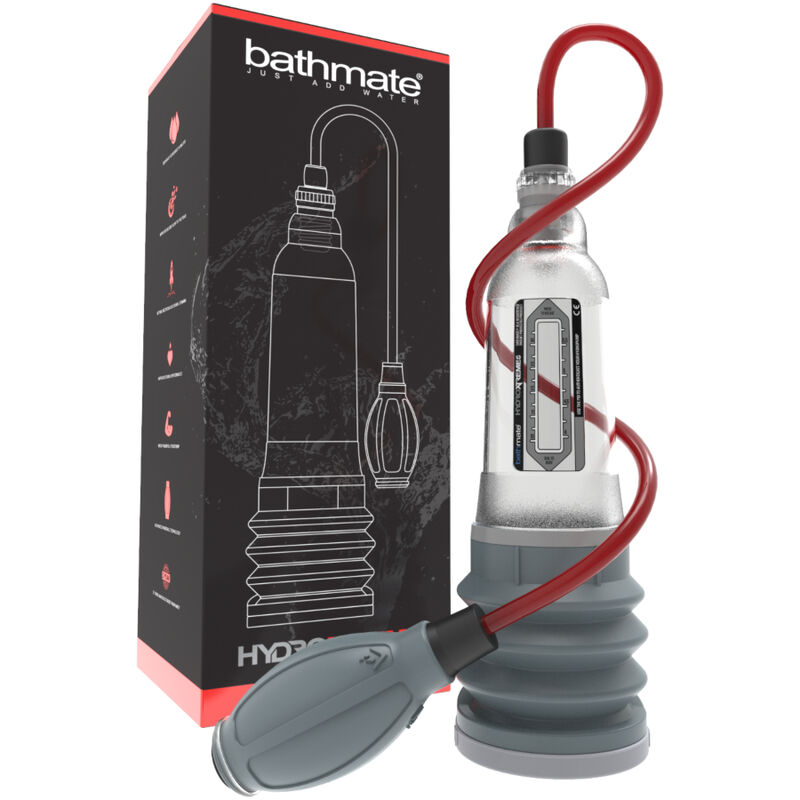 Bathmate HydroXtreme 5 junto a su caja, con bomba transparente, tubo rojo y pera gris.