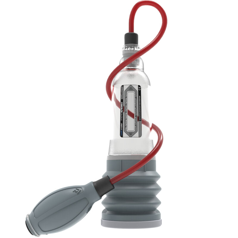 Bomba Bathmate HydroXtreme 5 con cuerpo transparente, base gris y pera roja.