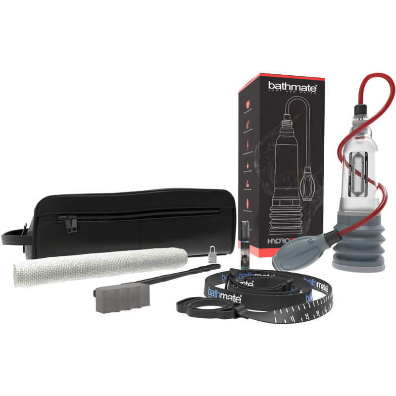 Bathmate HydroXtreme 5 con estuche, caja del producto y accesorios visibles.