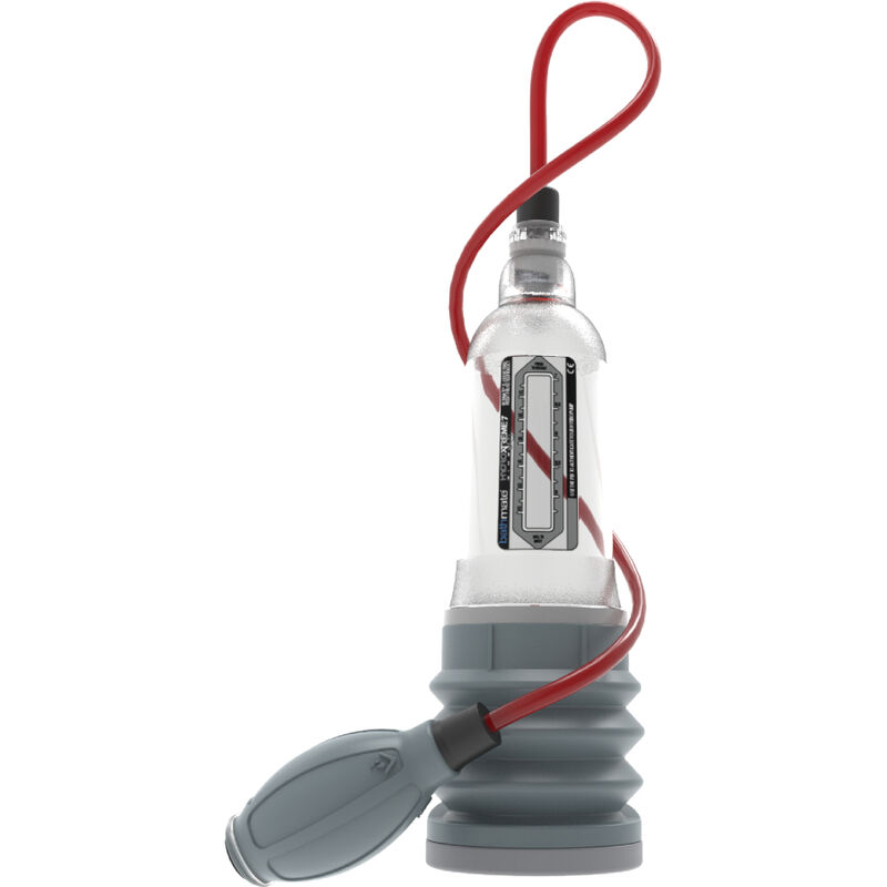 Bathmate HydroXtreme 7 Wide transparente, vista frontal con pera y manguera rojas