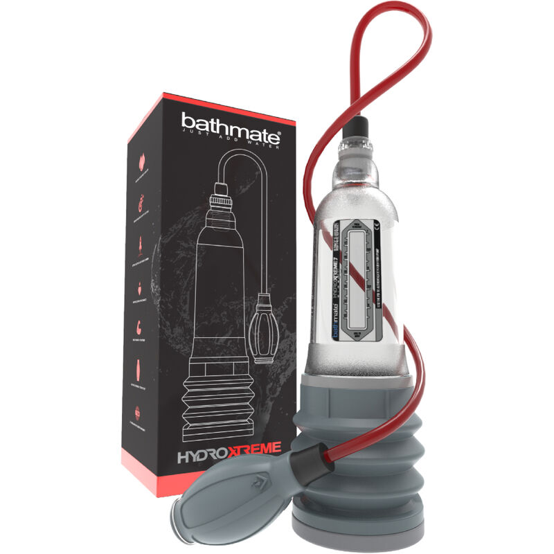 Bathmate HydroXtreme 7 Wide transparente con caja del producto y bomba manual gris.