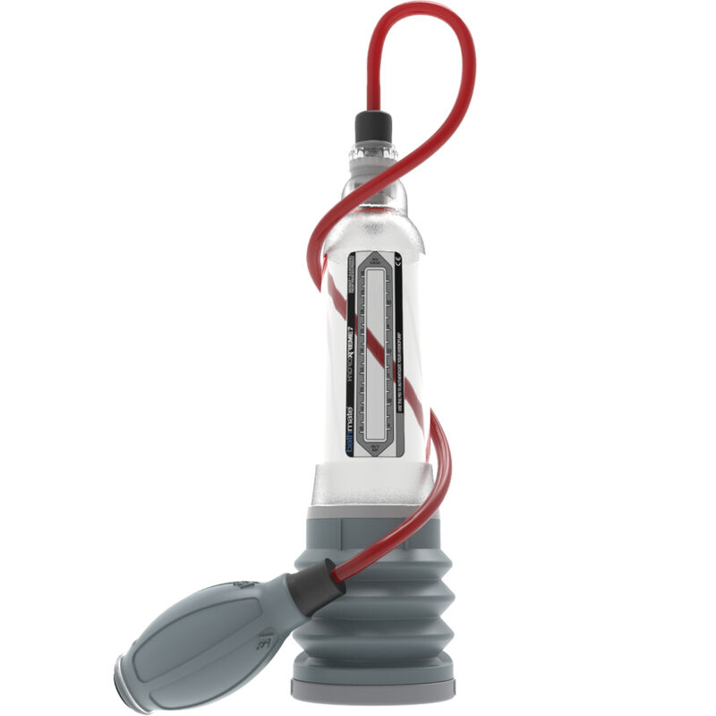 Bathmate HydroXtreme 7 con cilindro transparente y bomba manual gris.