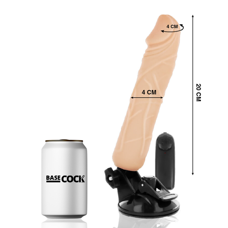 Basecock vibrador realista en detalle con ventosa y mando por cable, con medidas de 20 x 4 cm visibles.