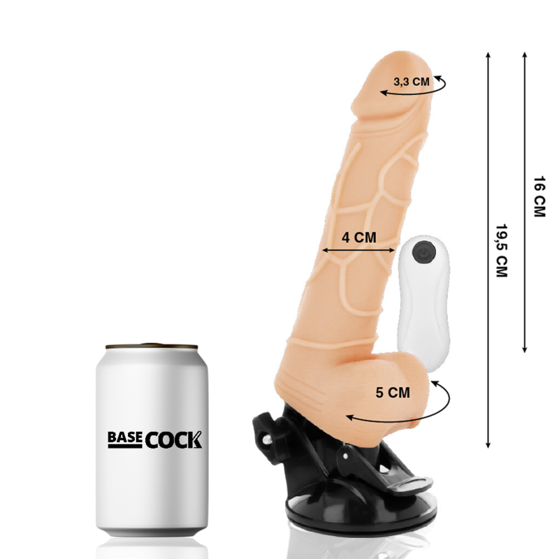 BASECOCK vibrador realista con base de succión y mando, con medidas indicadas
