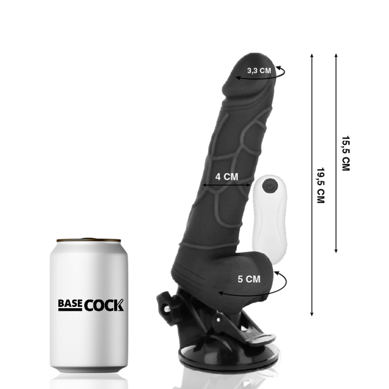 Basecock vibrador realista con mando con cable y base de succión, con medidas visibles.