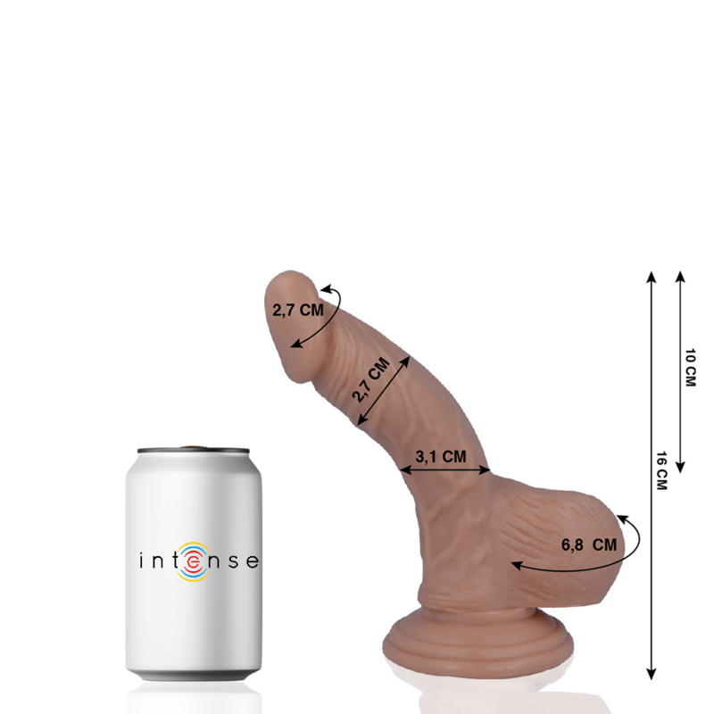 MR. INTENSE Dildo realista con base de succión y medidas indicadas, junto a una lata de referencia.