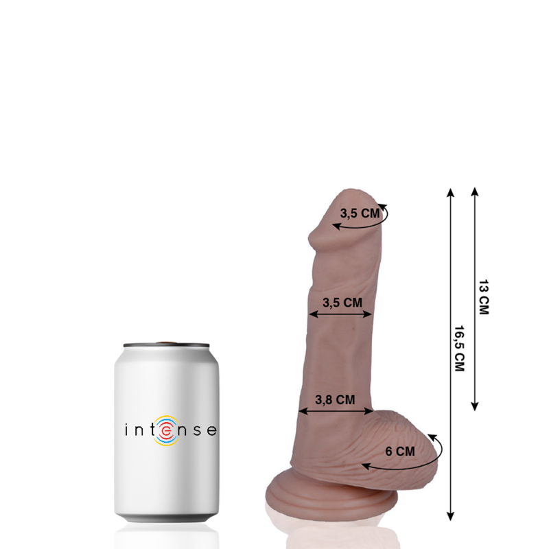 MR. INTENSE DILDOS 5 con medidas señaladas y vista lateral del dildo realista.