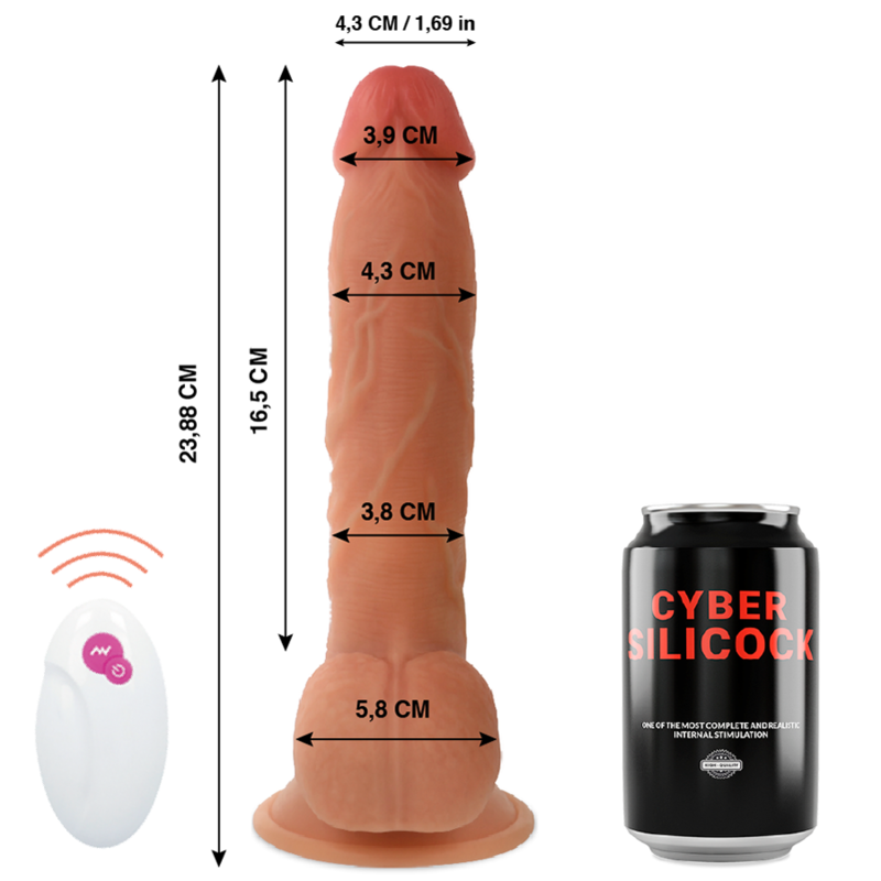 Guía de medidas del CYBER SILICOCK Mr John con mando y envase negro.
