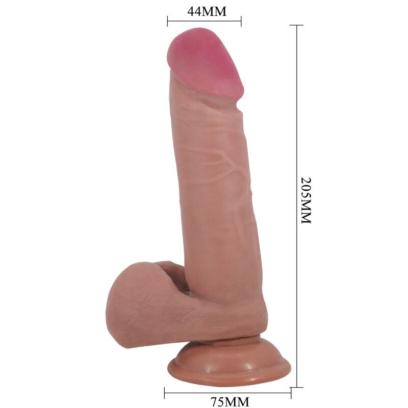 Dildo realista Pretty Love en vista lateral con medidas 205 mm, 44 mm y base de 75 mm.