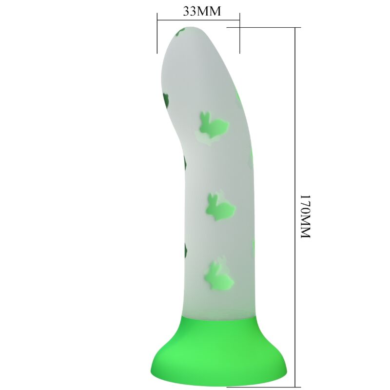 Guía de medidas del dildo luminoso verde de Pretty Love, con 33 mm de ancho y 170 mm de largo.