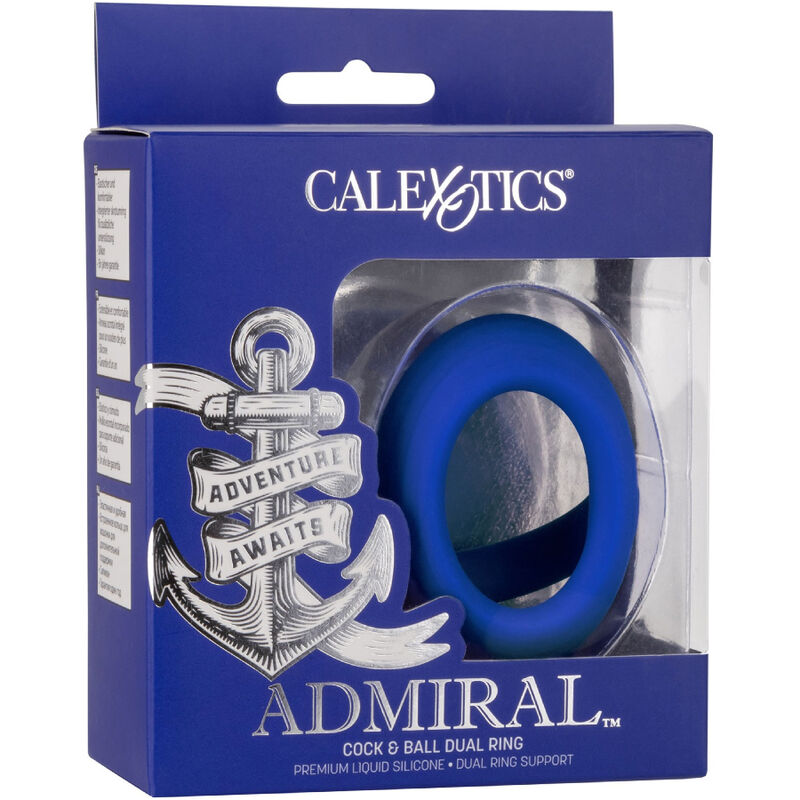 Caja del producto CalExotics Admiral azul con un anillo doble visible en la ventana frontal.