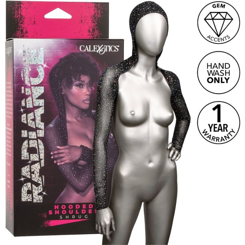 CalExotics Radiance: encogimiento de hombros con capucha negro y brillo tipo pedrería, sobre maniquí.