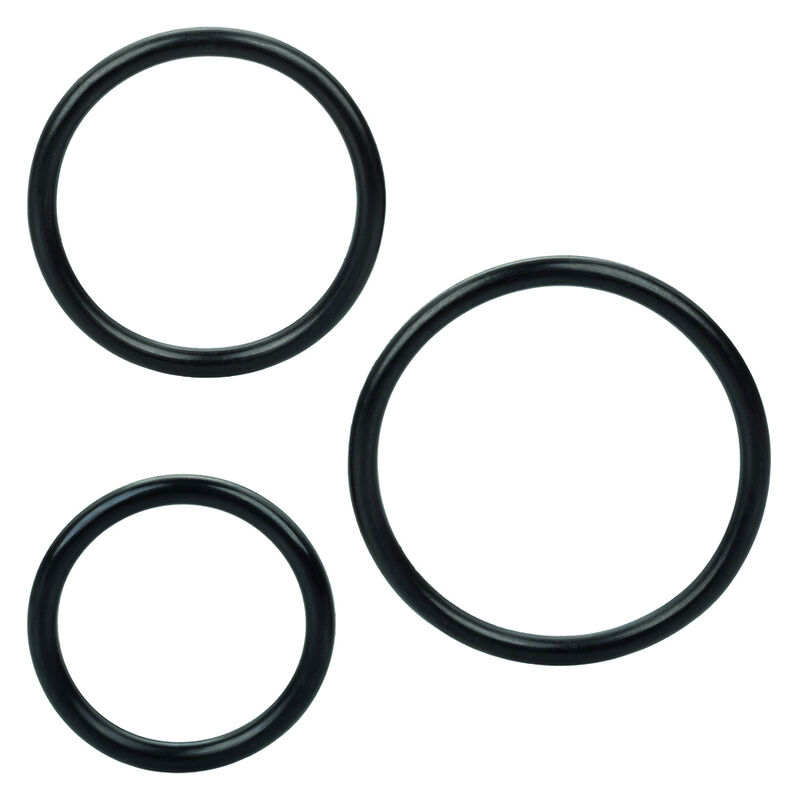 CalExotics Boundless kit de fijación de silicona con tres anillos negros de distinto tamaño