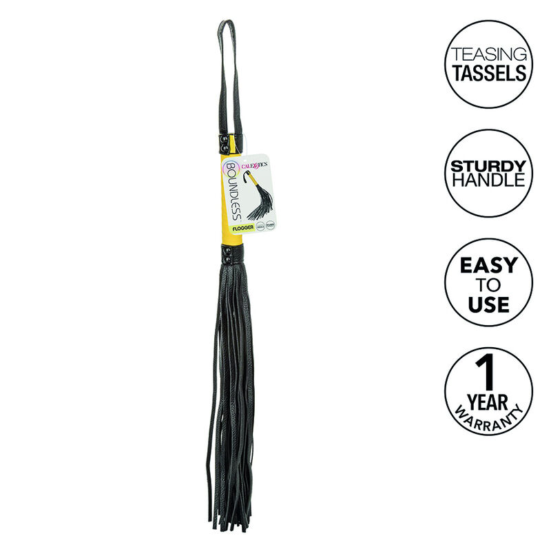 CalExotics Boundless Flogger negro con borlas largas y asa con correa para colgar.