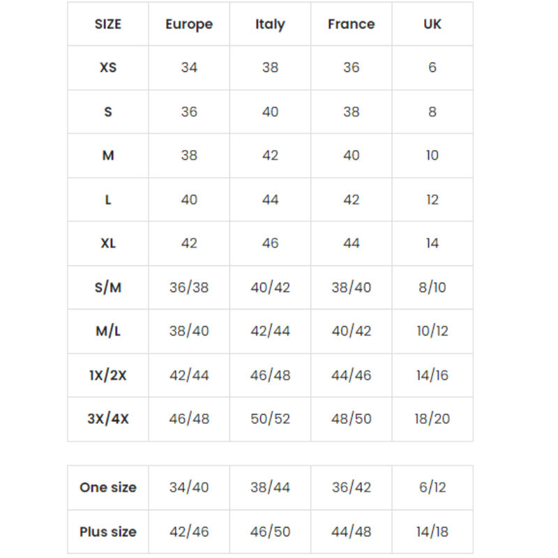 Tabla de tallas de Leg Avenue con equivalencias de Europa, Italia, Francia y Reino Unido.