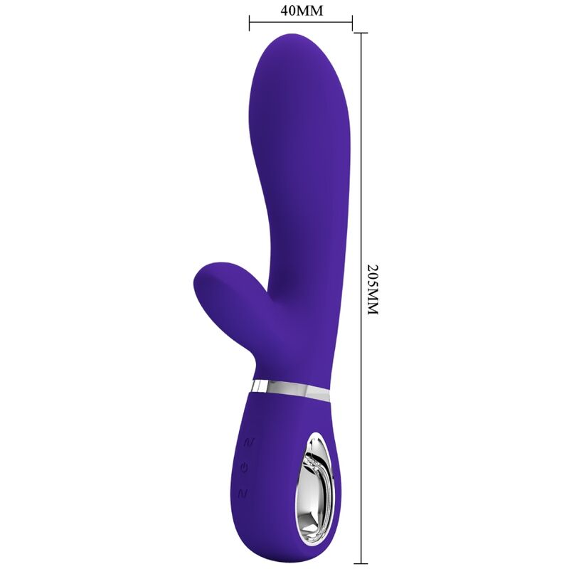 Vibrador púrpura con gráfico de medidas, 40 mm de ancho y 205 mm de largo.