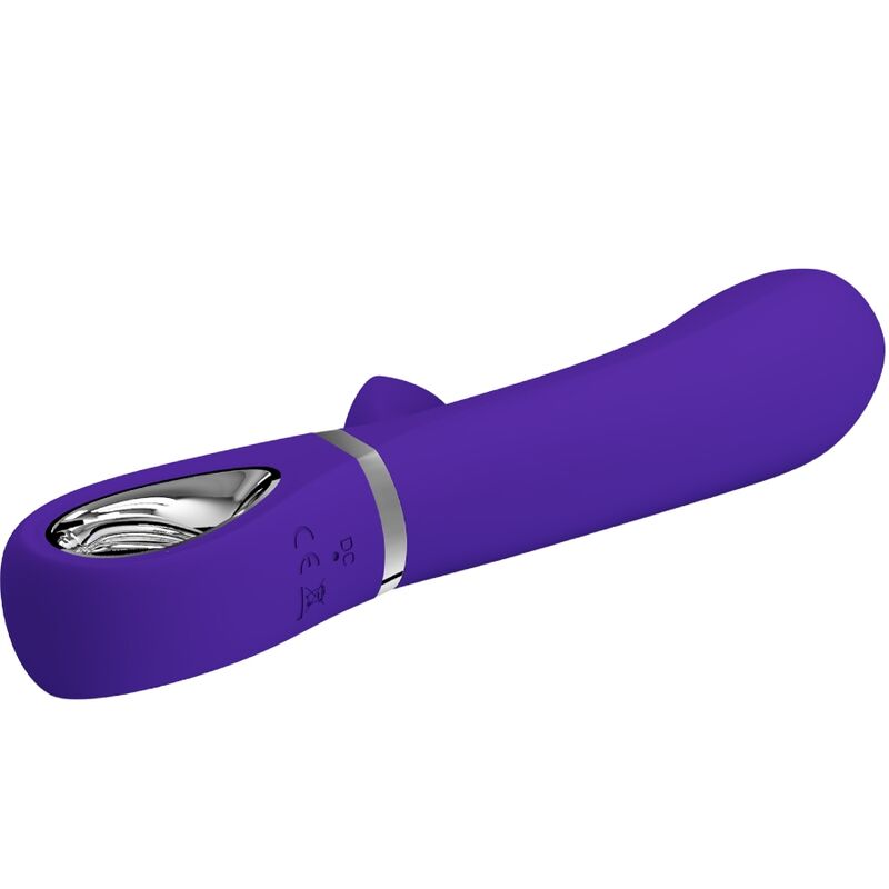 Detalle del vibrador Pretty Love Thomas en púrpura, con abertura oval metálica y vista lateral inclinada.
