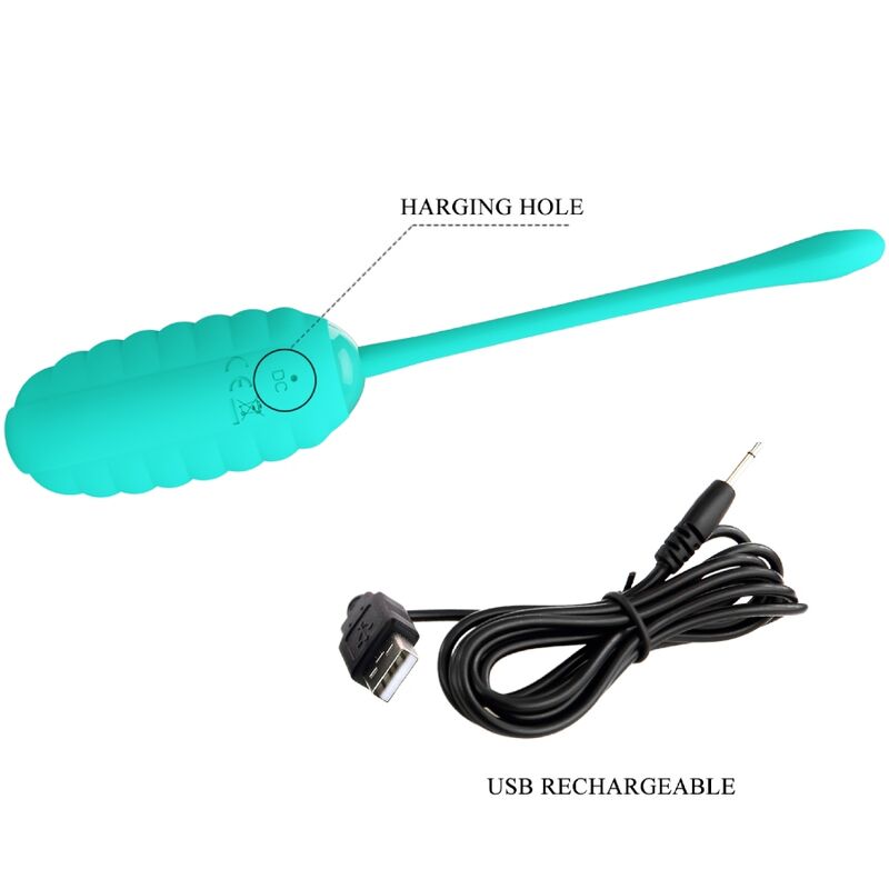 Detalle del huevo vibrador Pretty Love Kirk verde agua con cable USB de carga.