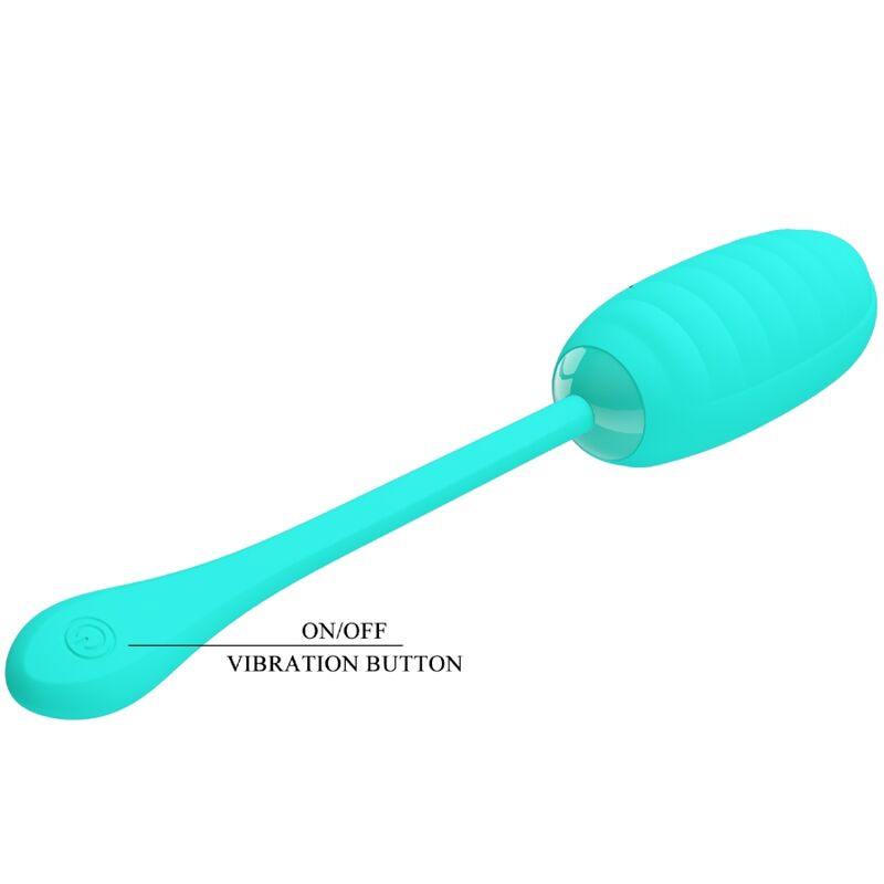 Detalle del huevo vibrador Pretty Love Kirk en verde agua, con varilla larga y botón de control visible.