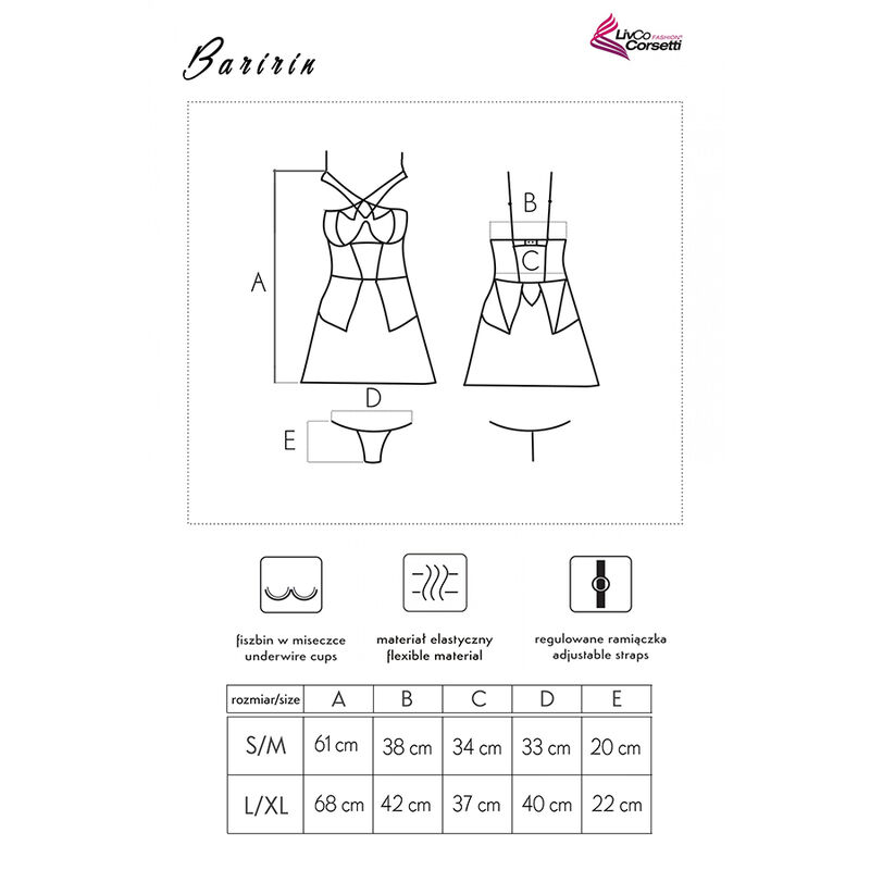 Guía de tallas de Livco Corsetti Baririn con esquema del conjunto y medidas A-E