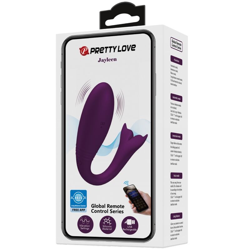 Caja del producto Pretty Love Jayleen con ilustración de vibrador púrpura y control por móvil.