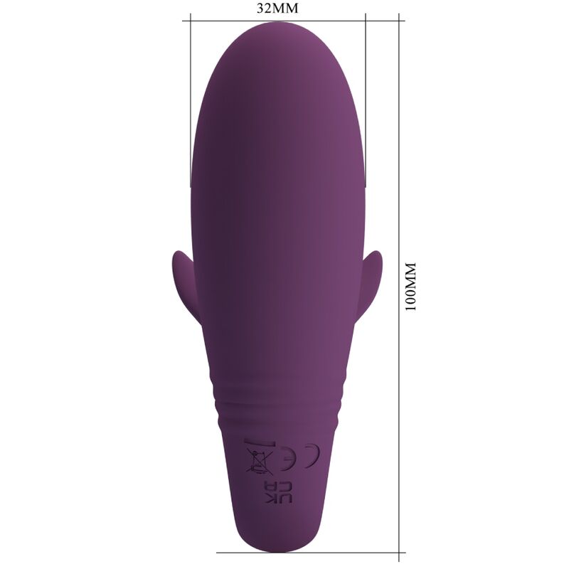 Vibrador Pretty Love Jayleen púrpura con medidas marcadas de 100 mm x 32 mm.