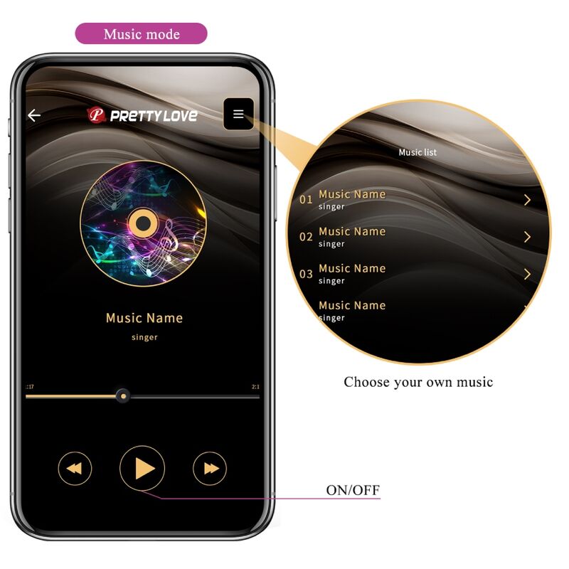 Detalle de la app Pretty Love Jayleen con modo música en pantalla de móvil.