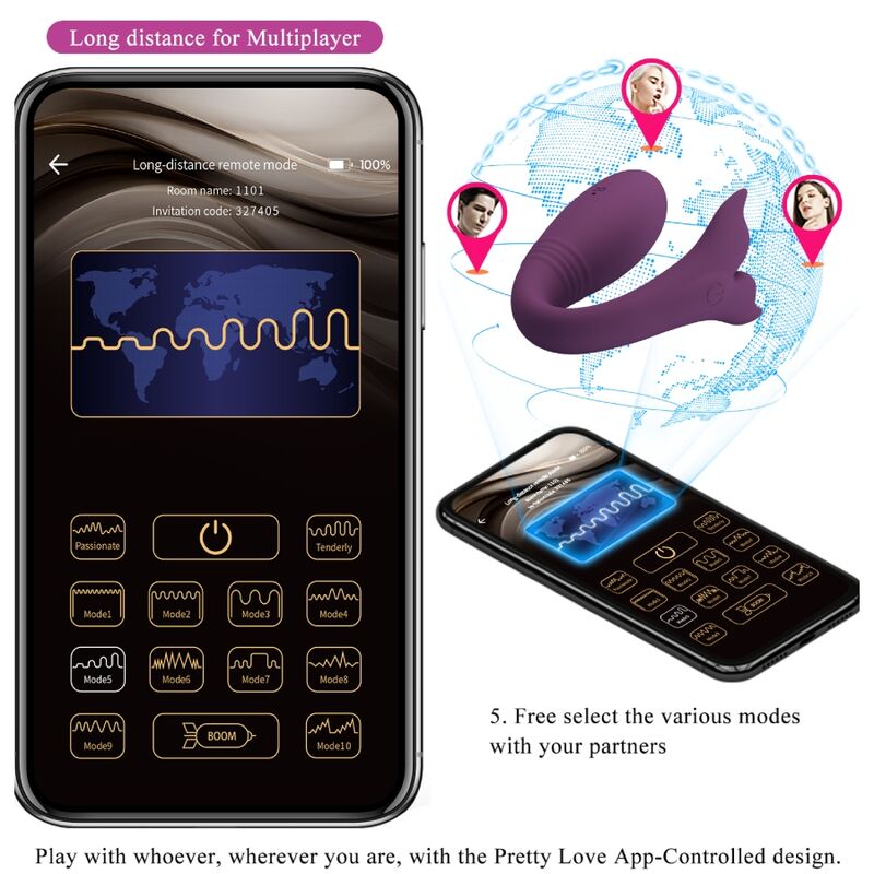 Detalle del vibrador Pretty Love Jayleen con control por app, junto a una pantalla de móvil.