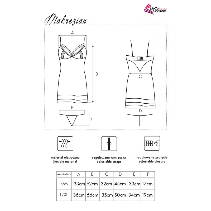 Guía de tallas de Livco Corsetti Fashion Makrezian con esquema frontal y trasero y tabla de medidas.