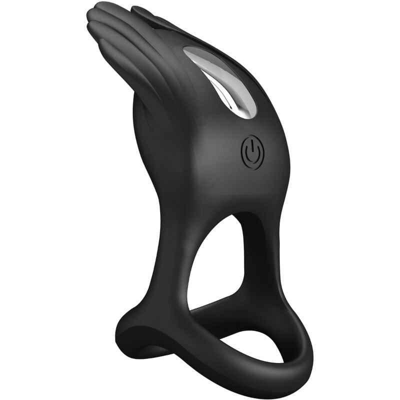 Anillo vibrador para pene Pretty Love Silas negro, vista lateral con botón de encendido visible.