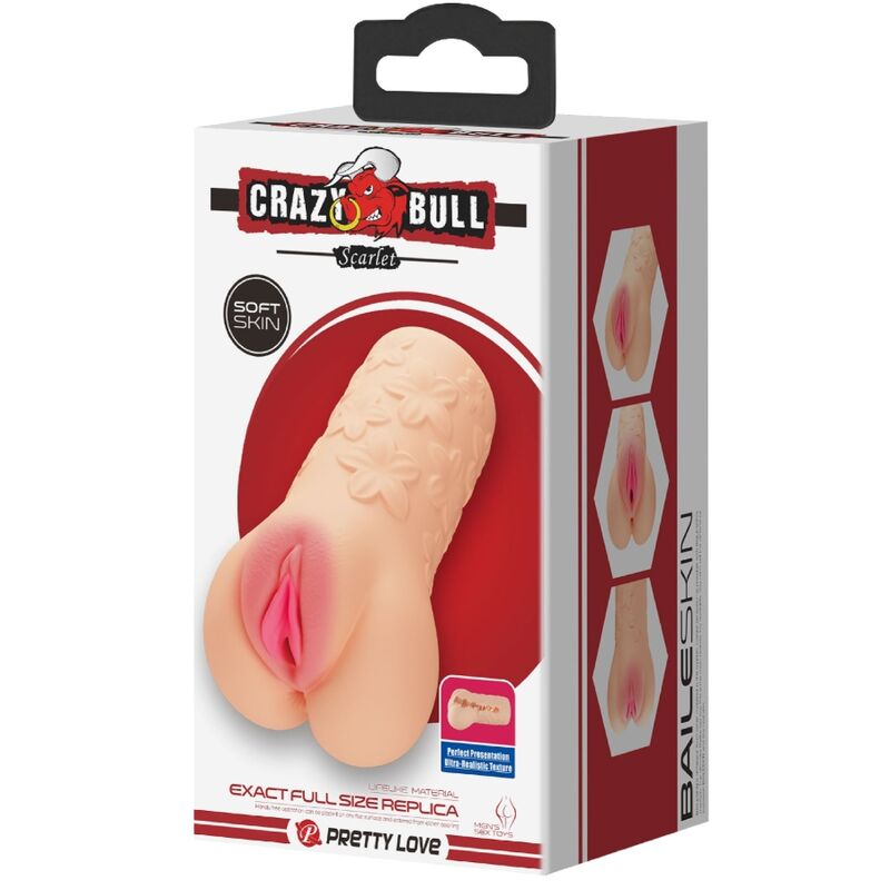 Caja del producto Crazy Bull Scarlet con imágenes del masturbador en forma de vagina.