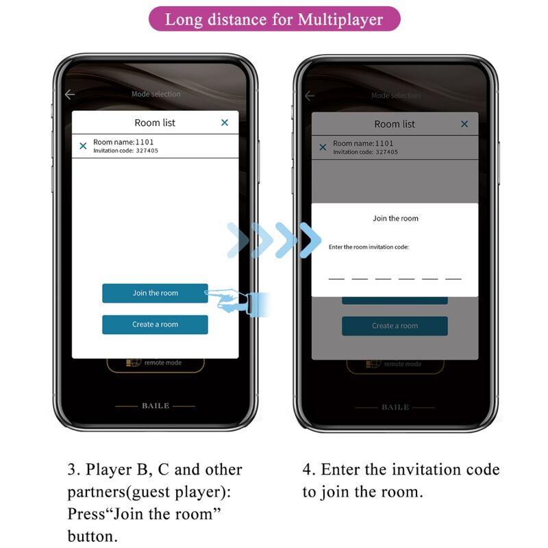 Gráfico de instrucciones de la app con dos pantallas de móvil y el acceso a una sala.